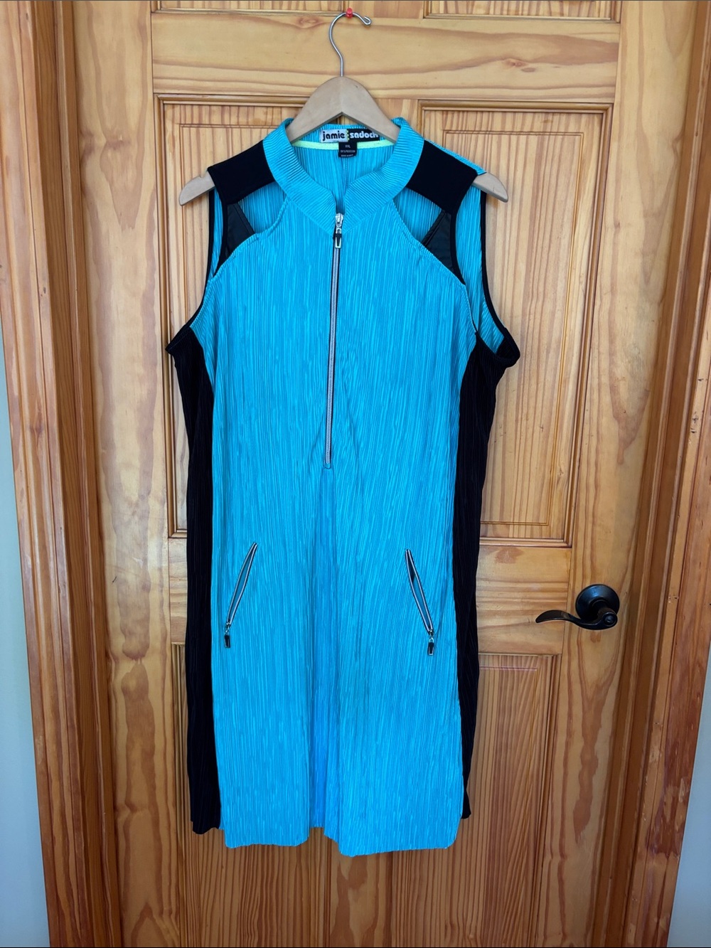 jamie sadock Turquoise and Black Sleeveless Zip Golf Dress with shorts